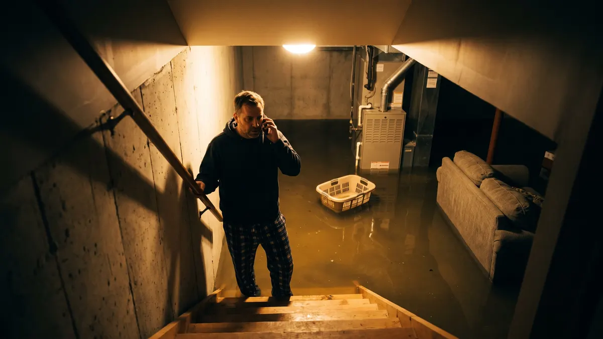 A homeowner on the basement stairs at night, on the phone, looking at standing water across the basement floor.
