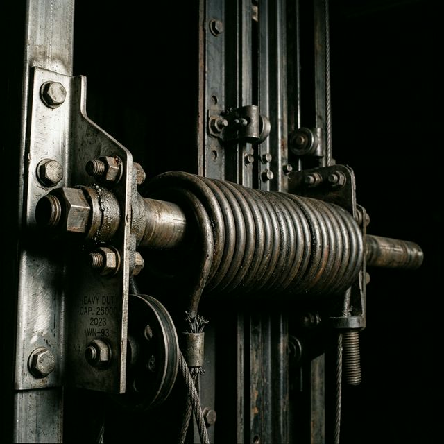 Heavy-duty garage door spring mechanism and tracks in dramatic side-lighting against a black background , the context of a garage door repair company installation.