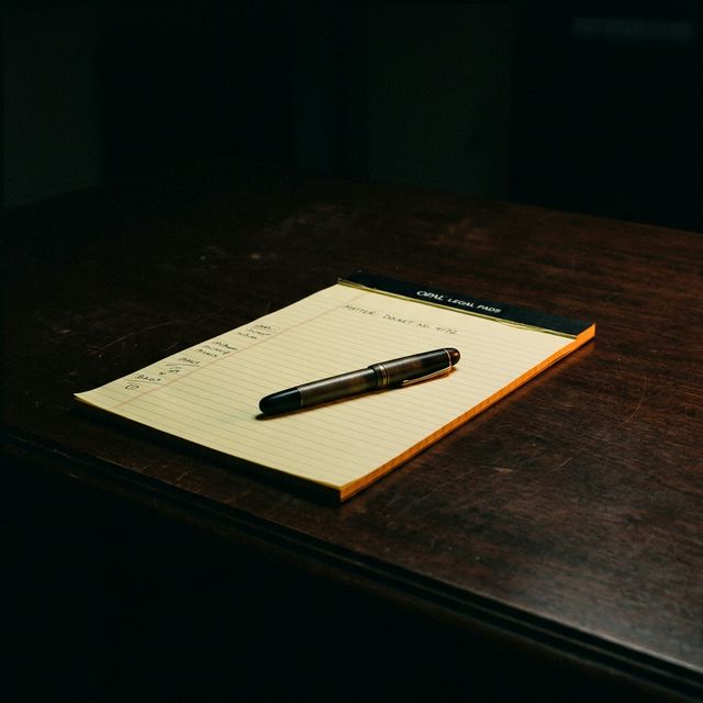 A legal pad and fountain pen on a mahogany desk in dramatic amber light , the context of a personal injury law firm installation.