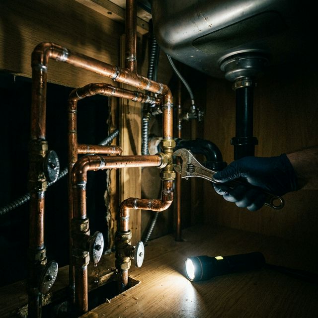 Copper plumbing pipes and fittings illuminated by a flashlight in a dark cabinet space , the context of a plumbing company installation.
