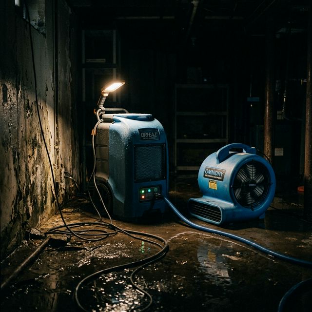 Professional water damage restoration equipment in a dark flooded basement , the context of a restoration contractor installation.