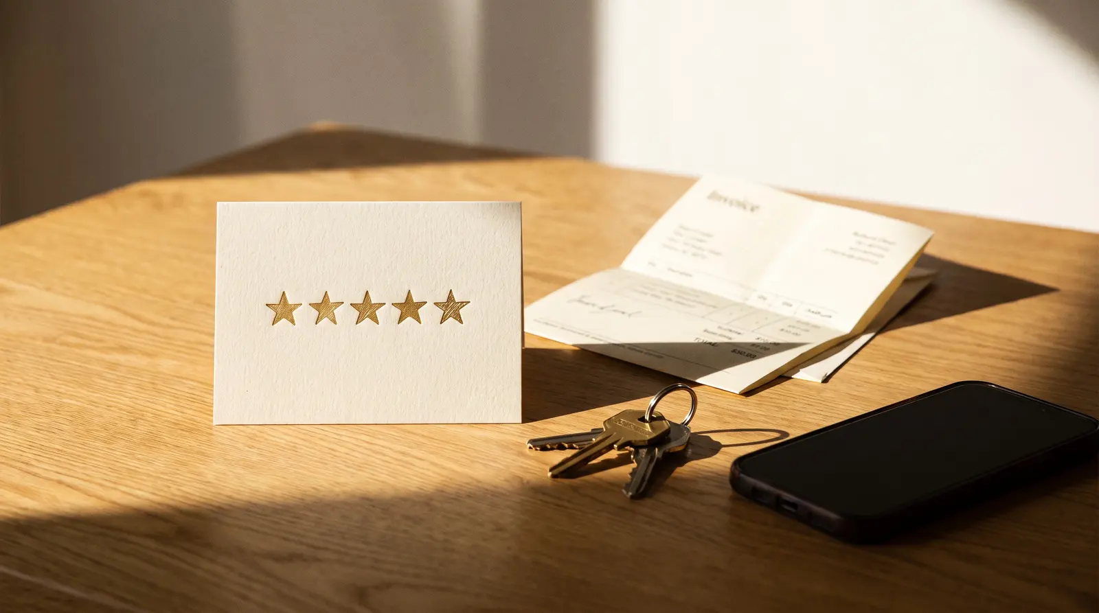 A thank-you card with five gold stars on a kitchen counter beside a paid invoice, house keys and a phone