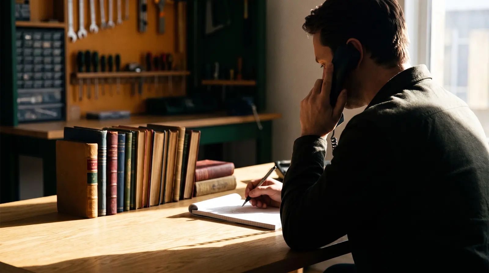 A business owner at a workshop desk taking notes during a phone call