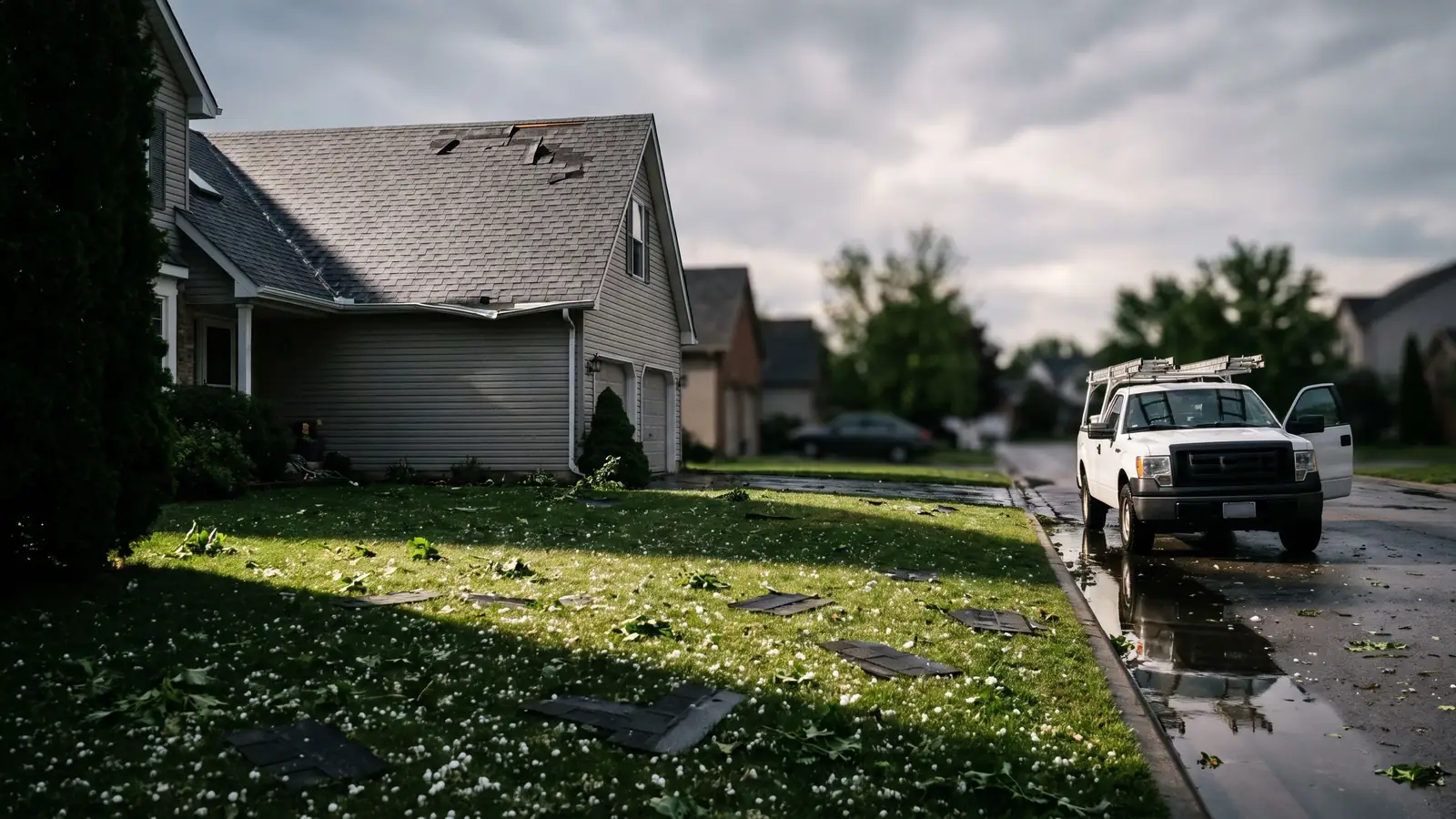 A suburban street the morning after a hailstorm: hailstones melting on the lawn, loose shingles, a dented gutter and a roofer's pickup with a ladder at the curb.