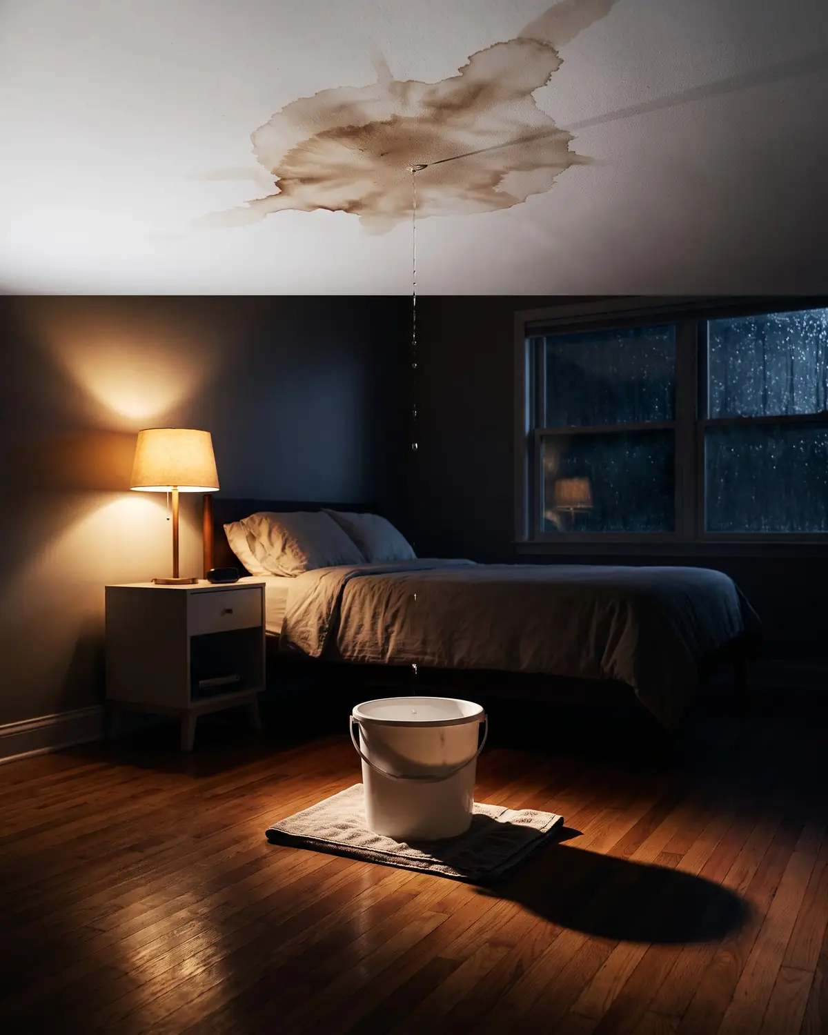 A water stain spreading across a bedroom ceiling at night during a rainstorm, with a drip falling into a bucket on the floor.