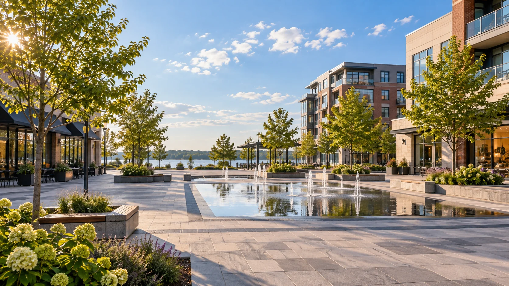 Tree-lined pedestrian square and storefronts evoking Ajax's civic downtown