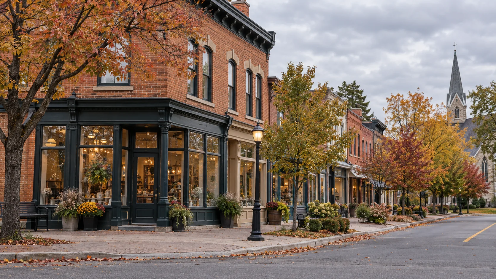 Brick shops, autumn trees and a distant steeple evoking historic Pickering Village in Ajax