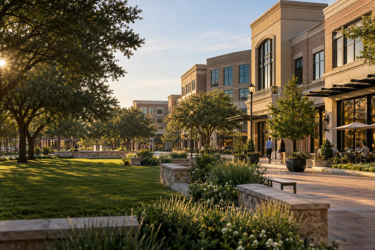 Modern brick and limestone business district around a landscaped square in Allen Texas