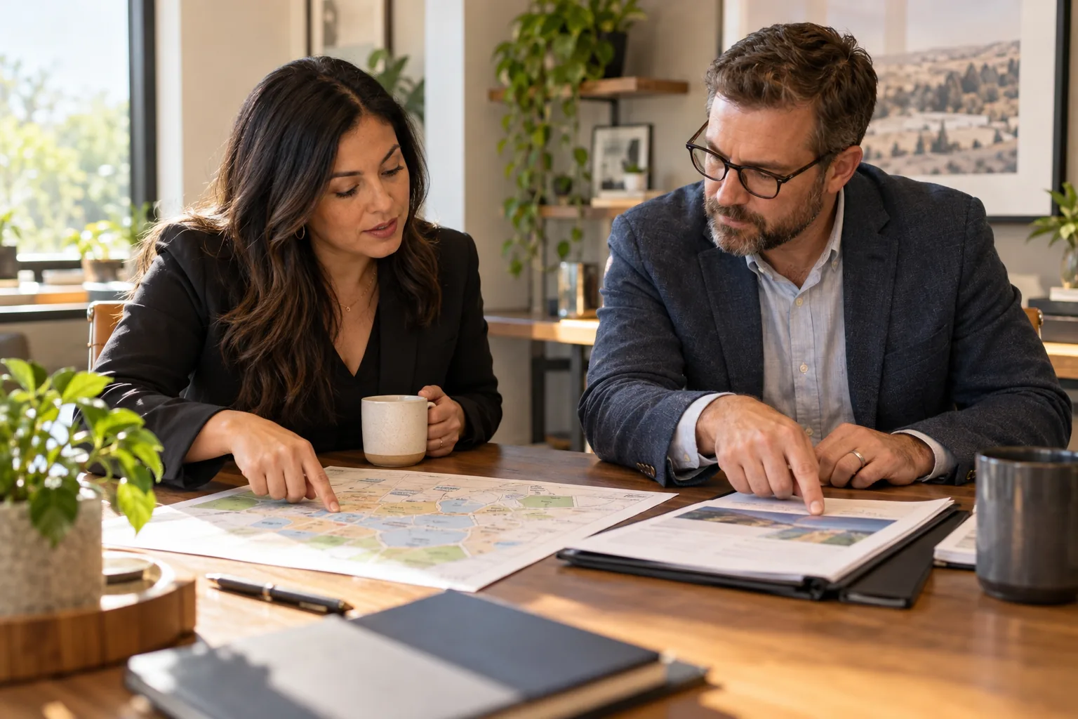 Two small business owners reviewing customer groups and a service brief in Allen