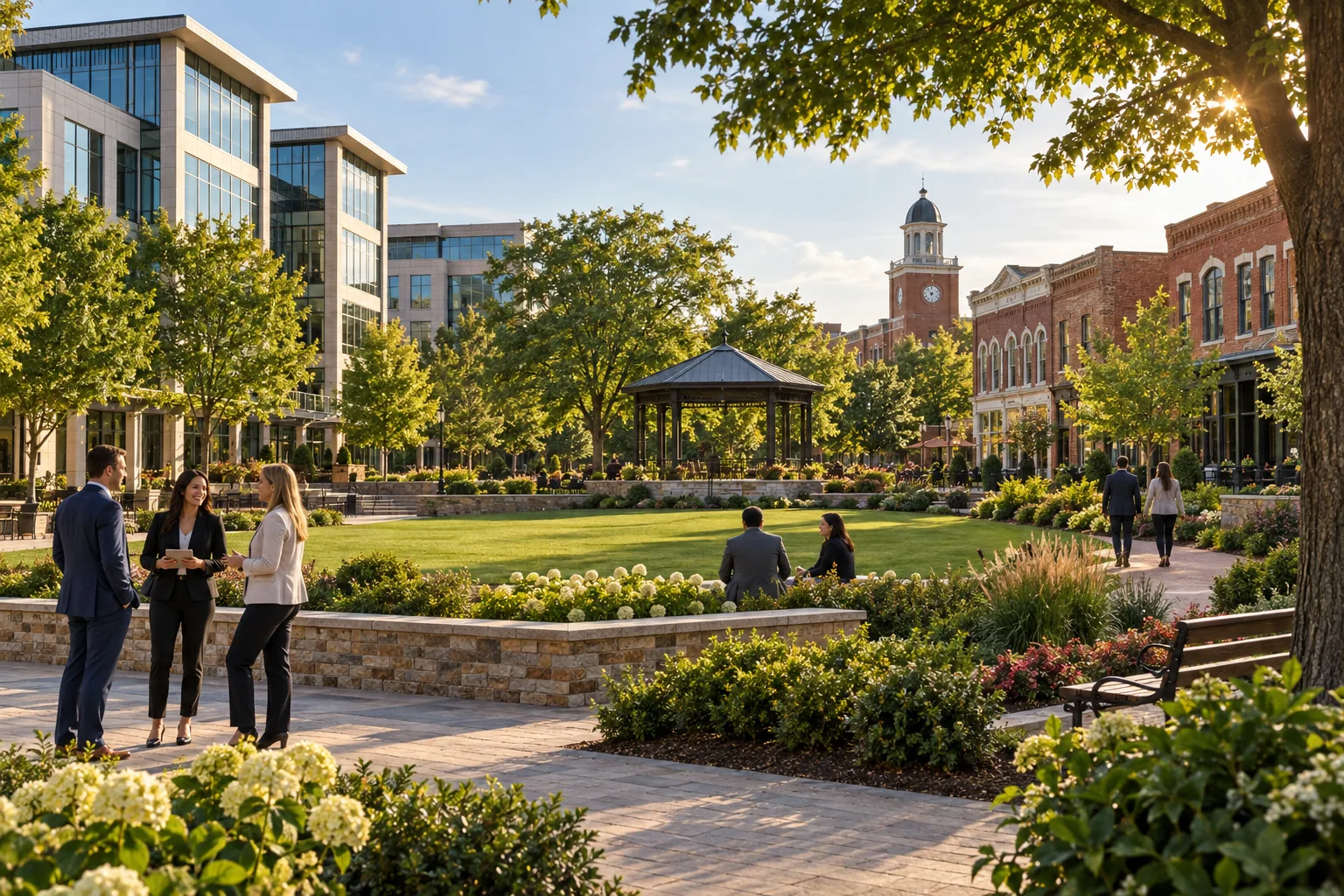 Business district with modern offices and brick buildings around a landscaped green in Alpharetta, Georgia