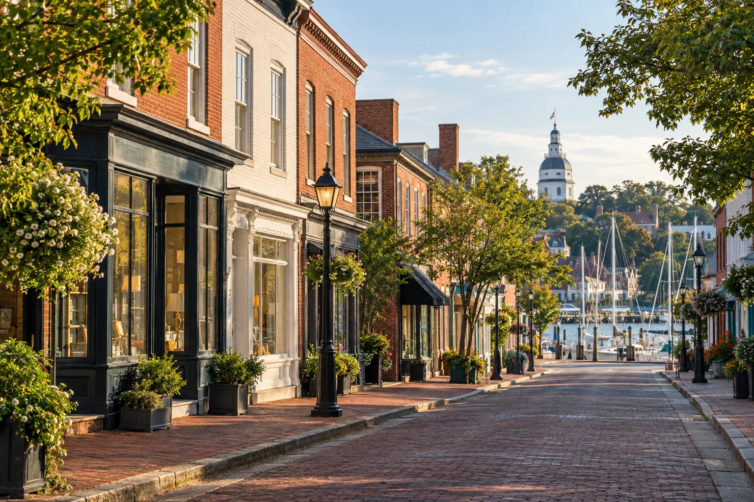 Historic Annapolis brick storefronts with maritime masts and the State House dome beyond