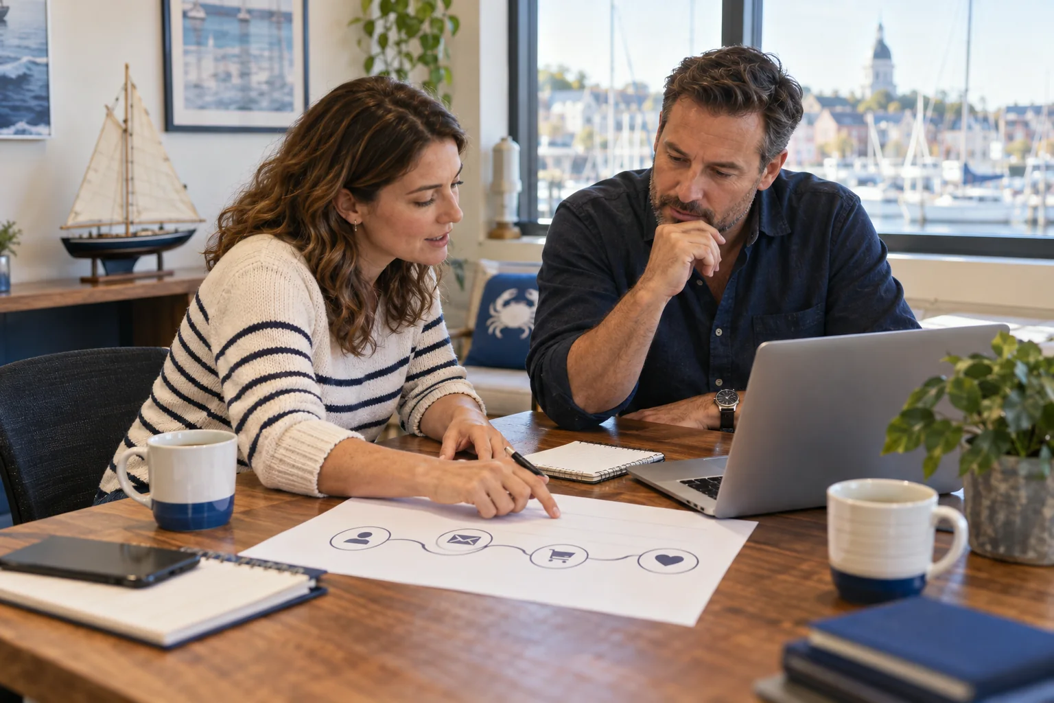 Two Annapolis service business operators reviewing a customer journey at a worktable