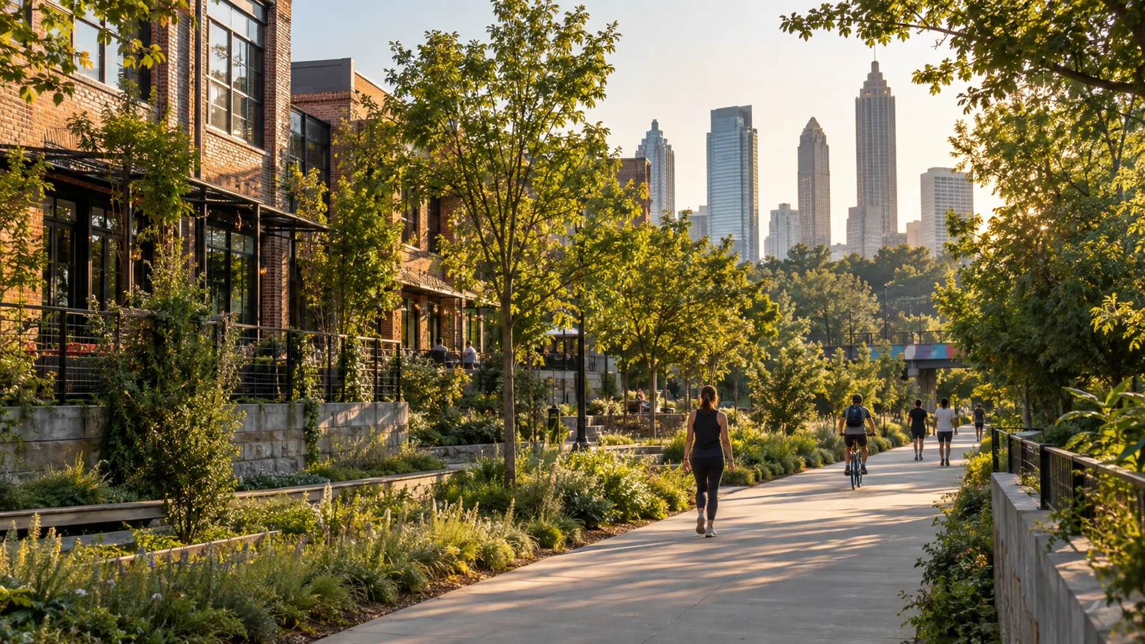 Atlanta greenway beside brick storefronts with Midtown skyline beyond, original image by The Quiet Protocol