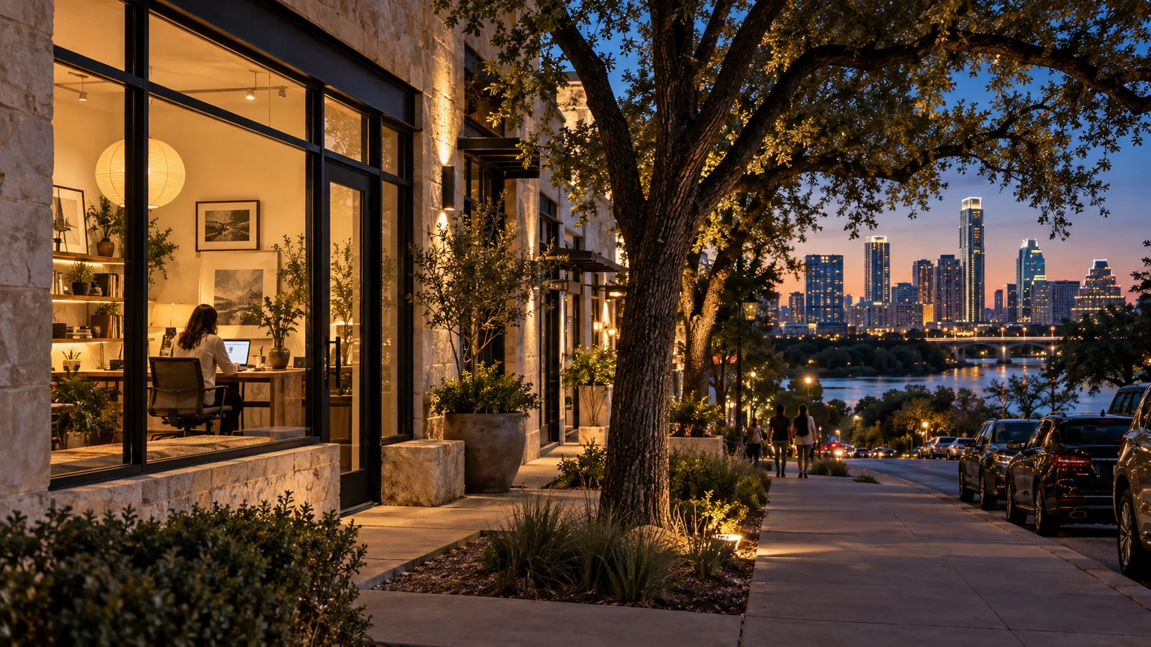 Austin independent business studio at dusk with live oaks and skyline by Lady Bird Lake, original image by The Quiet Protocol