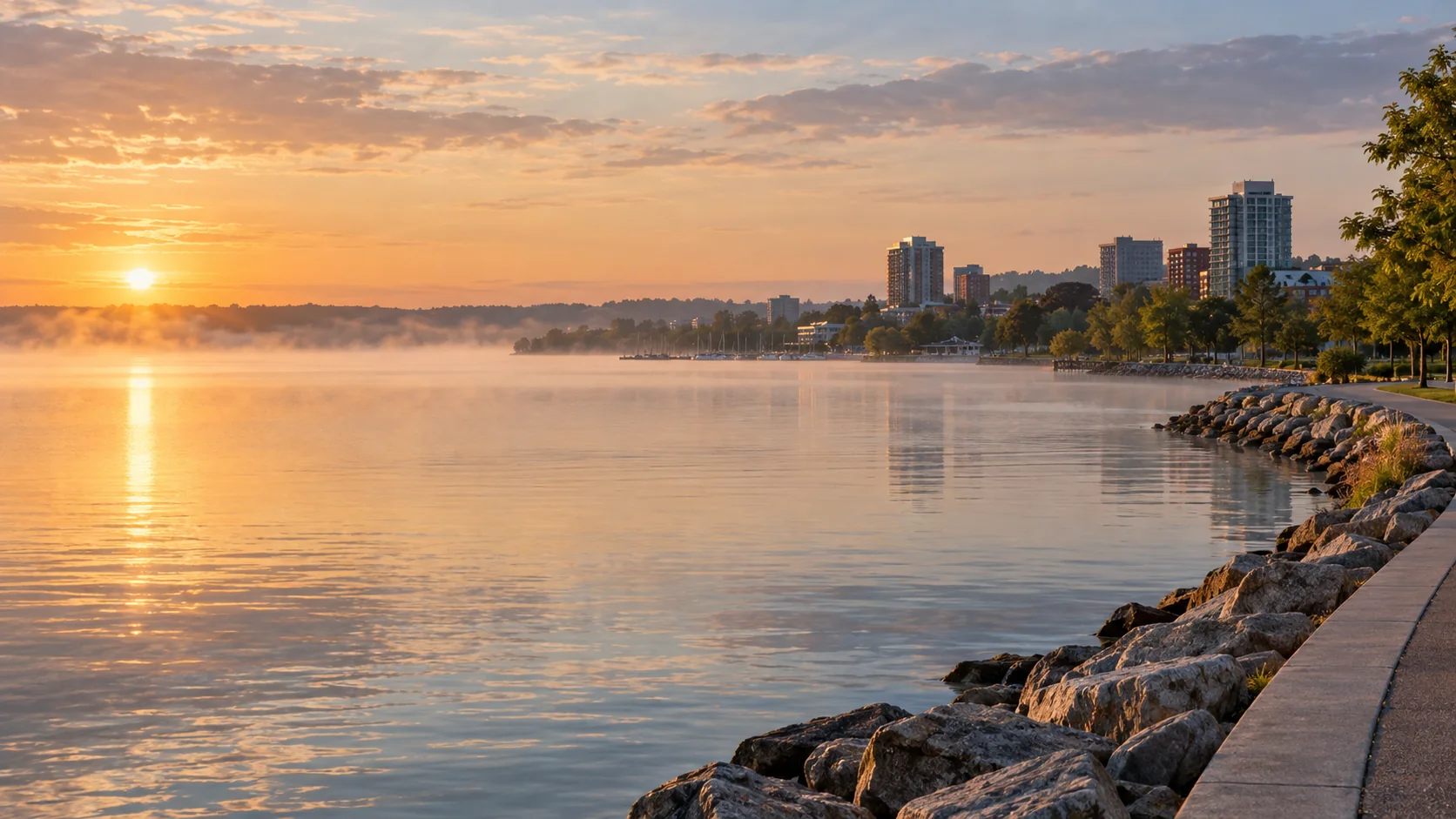 Sunrise across a broad lake toward a Barrie-inspired waterfront and city skyline
