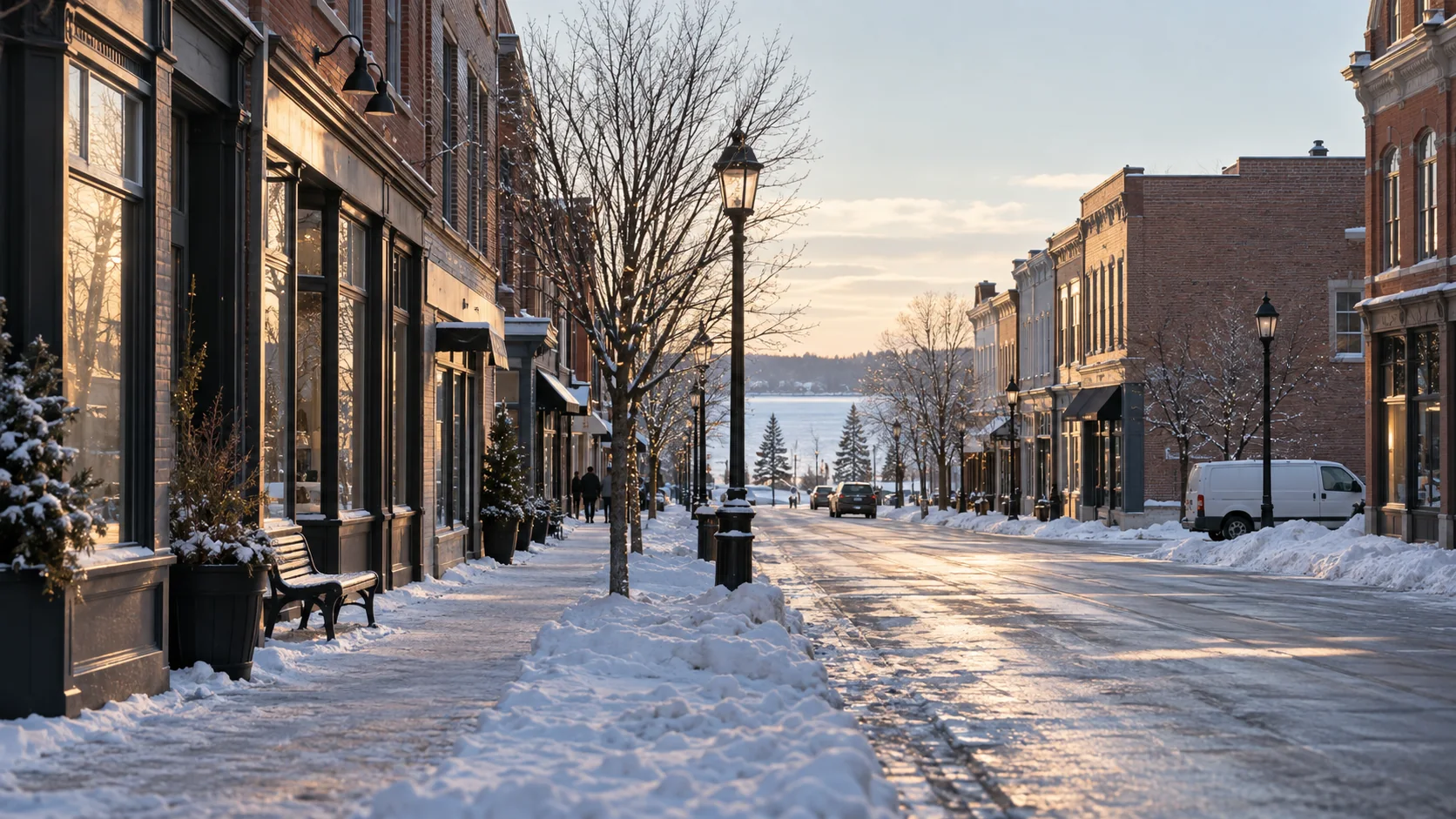 Snow along a Barrie-inspired downtown business street with a service van at the curb