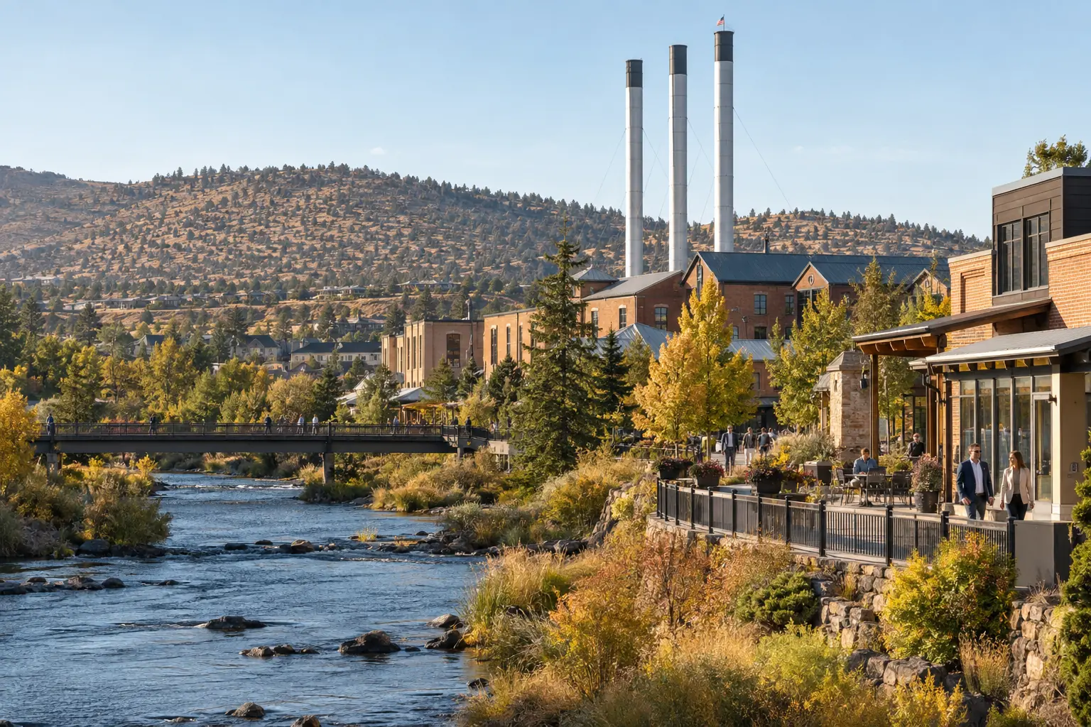 Old Mill District business buildings and historic smokestacks in Bend, Oregon