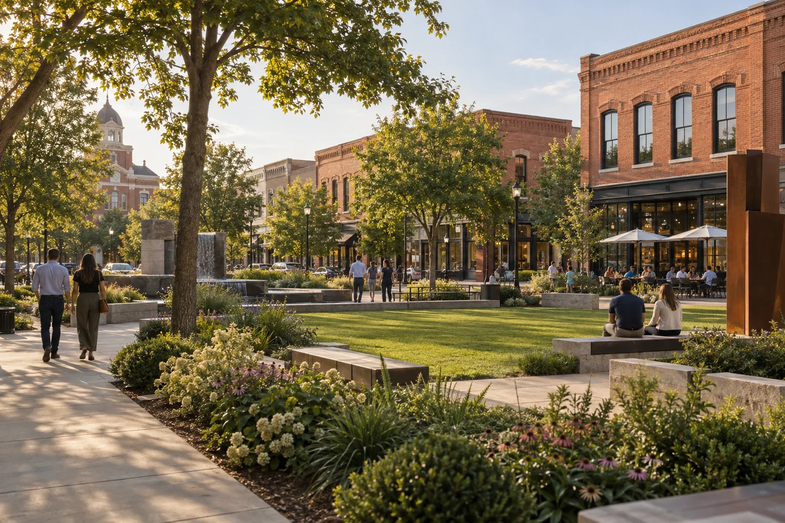 Brick storefronts, mature trees and a civic green in a Bentonville business district