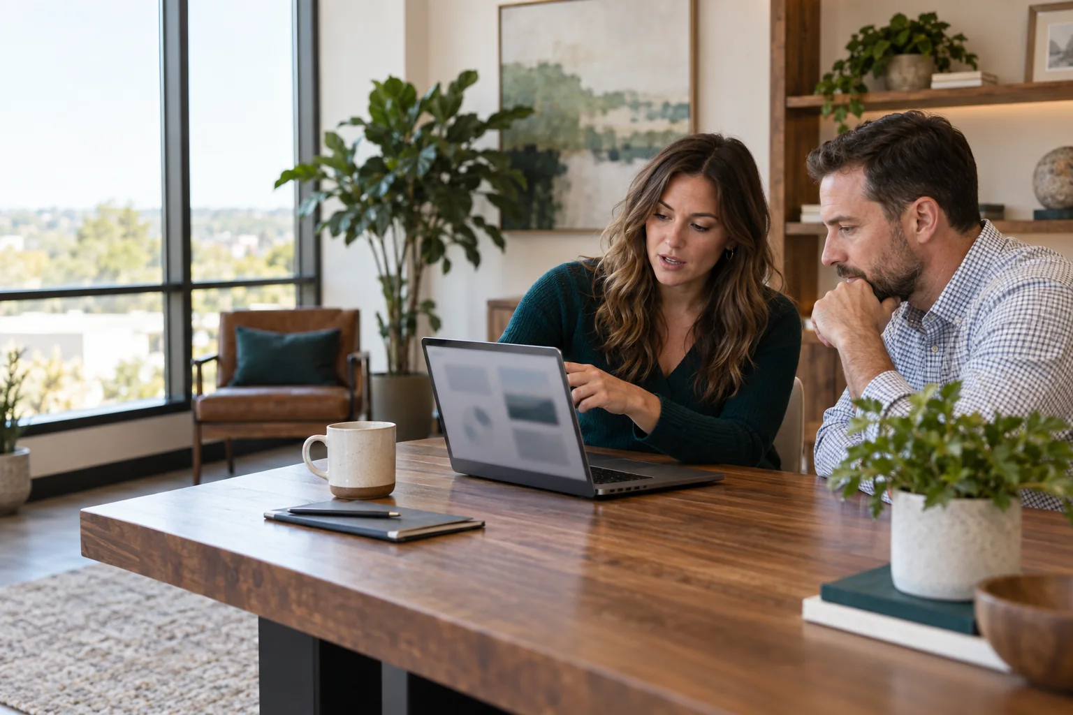 Two small business operators reviewing a customer-facing service brief on a laptop