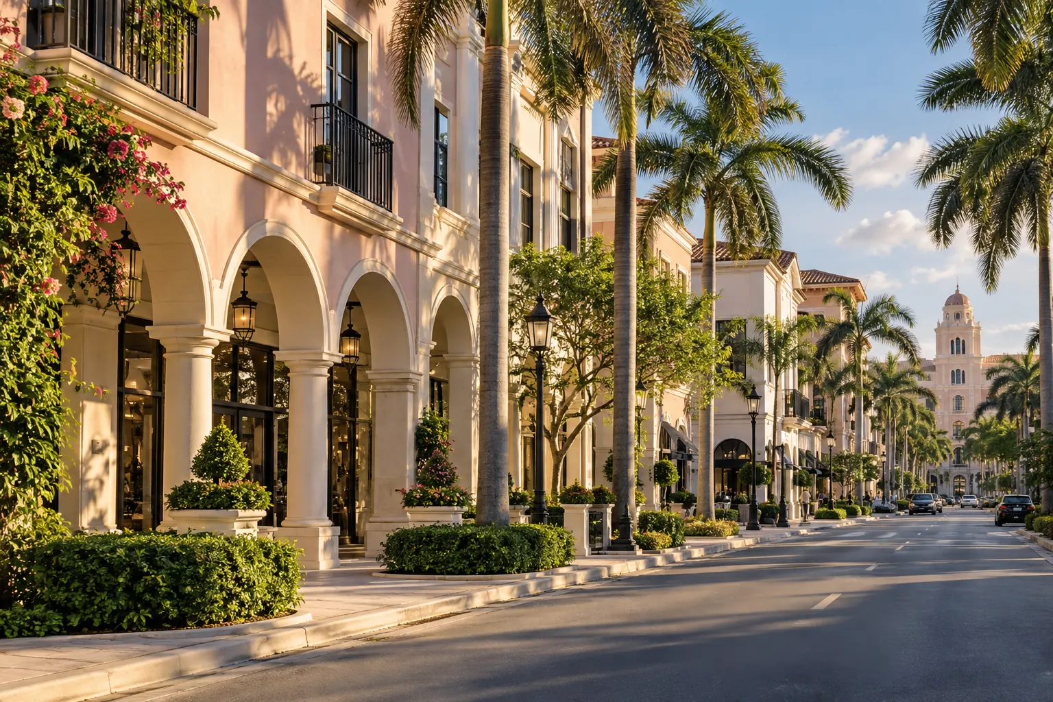 Palm-lined commercial buildings and arcades in Boca Raton, Florida