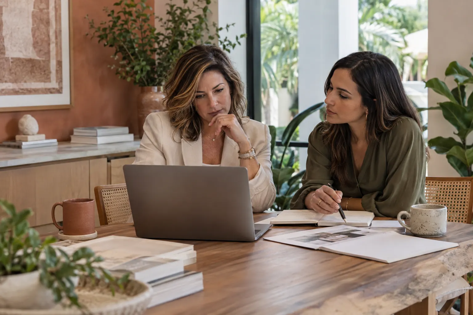 Boca Raton service business owner and colleague reviewing a prospective client brief