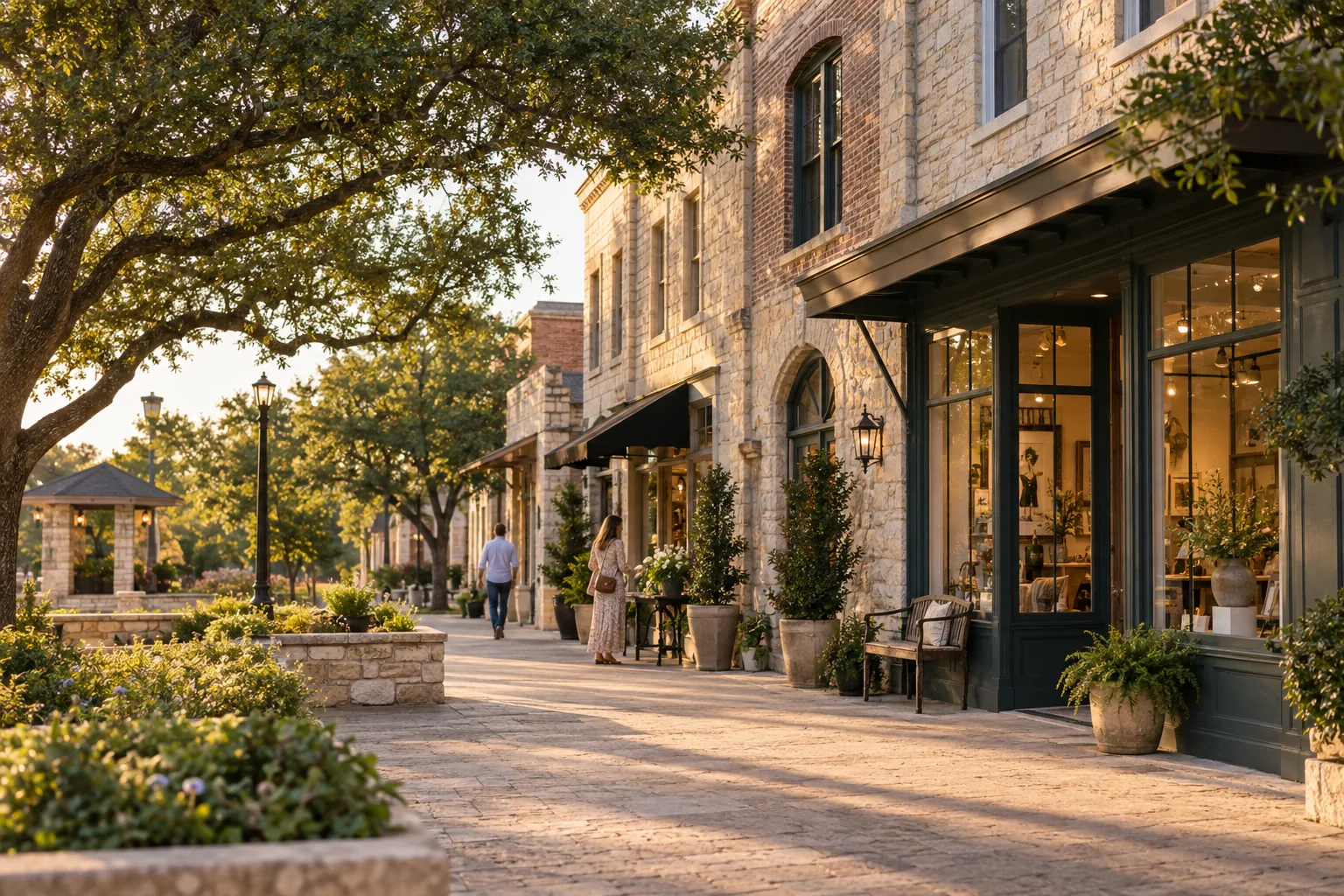 Limestone storefronts and independent businesses in a Boerne Texas town center