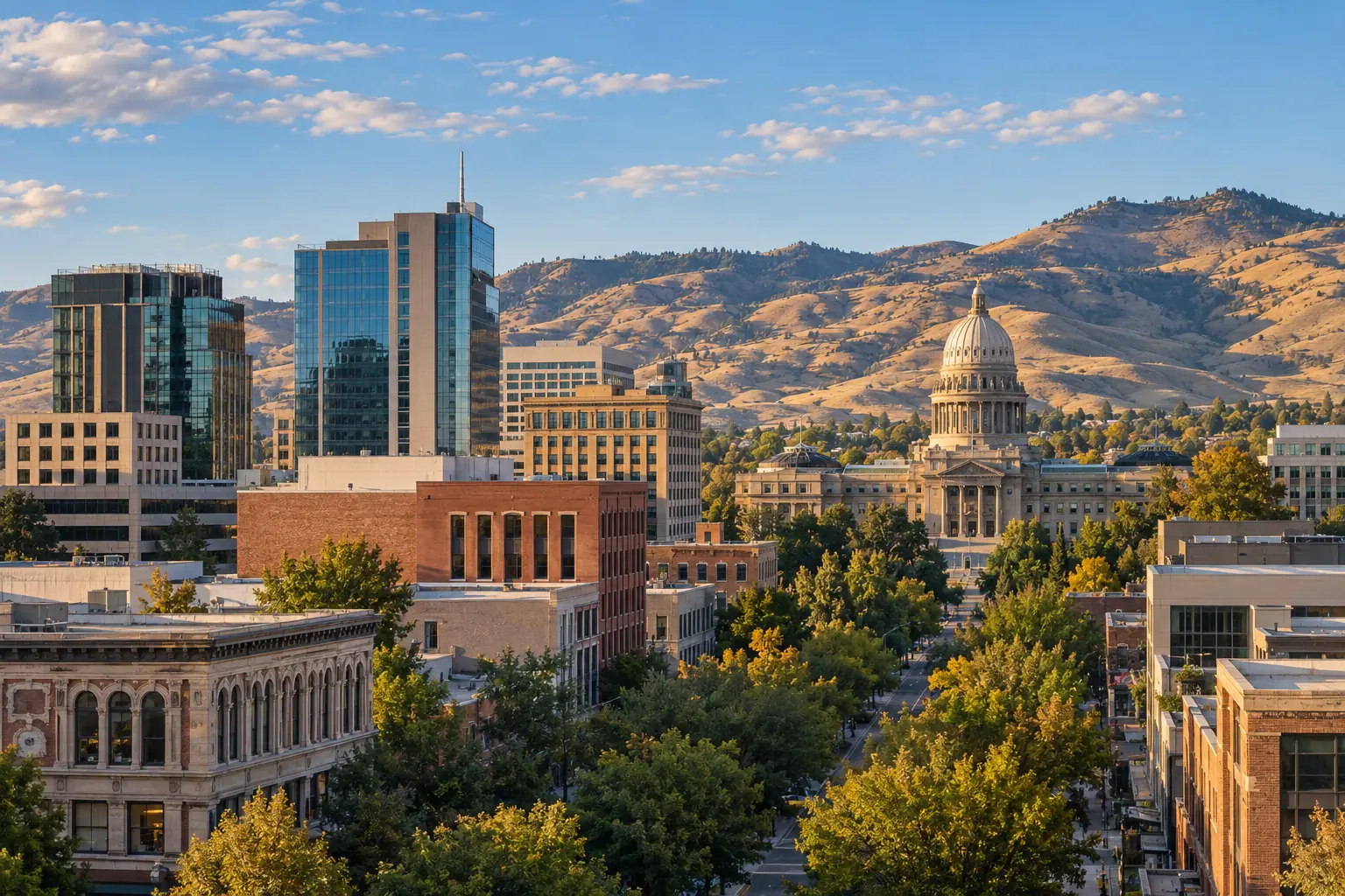 Boise business district and Idaho State Capitol beneath dry foothills