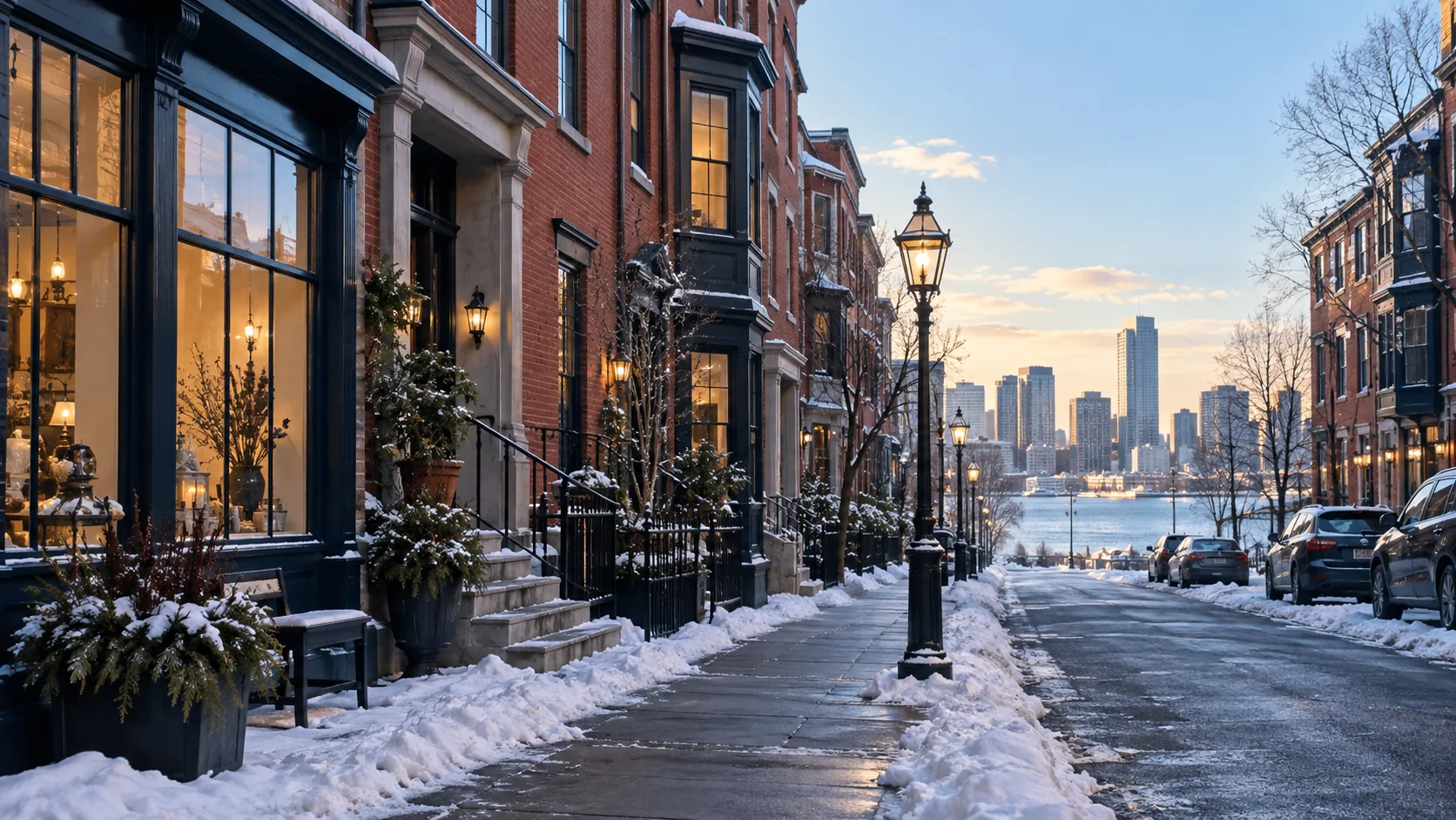 Lit Boston brick storefronts on a winter evening with the harbor skyline beyond, original image by The Quiet Protocol
