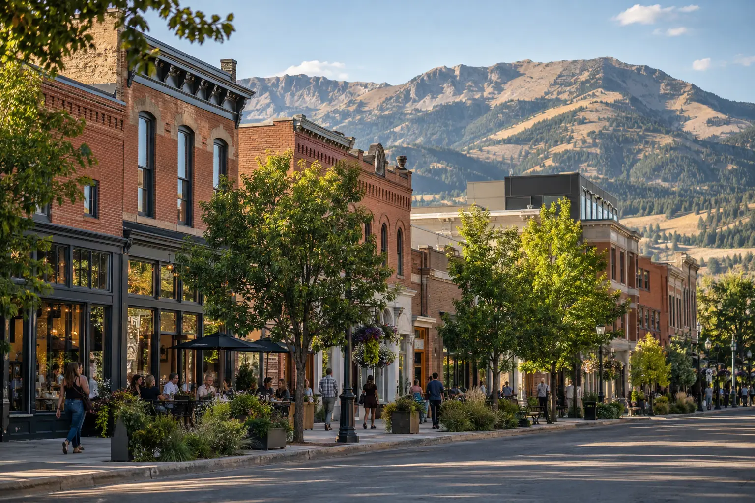 Downtown Bozeman storefronts with the dry Bridger Mountains behind