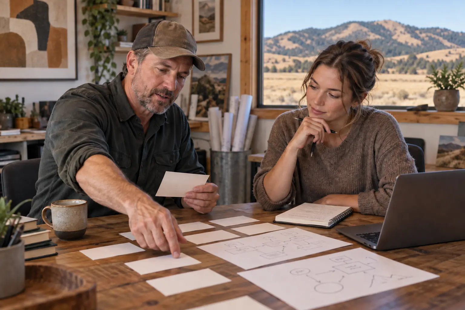 Bozeman owner and teammate organizing service questions and a decision map