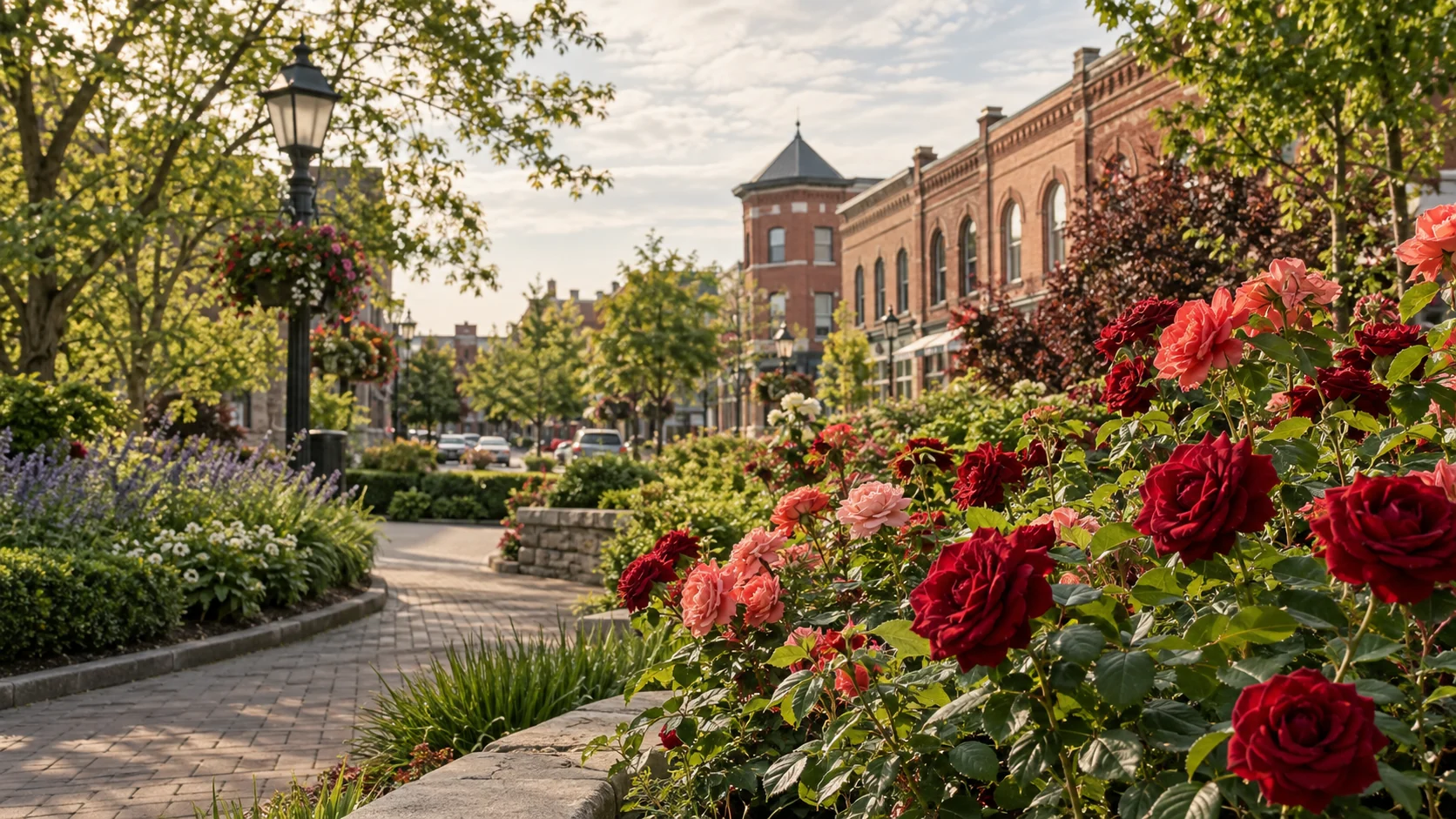 Roses along an urban garden path and red brick streetscape evoking Brampton's Flower City identity