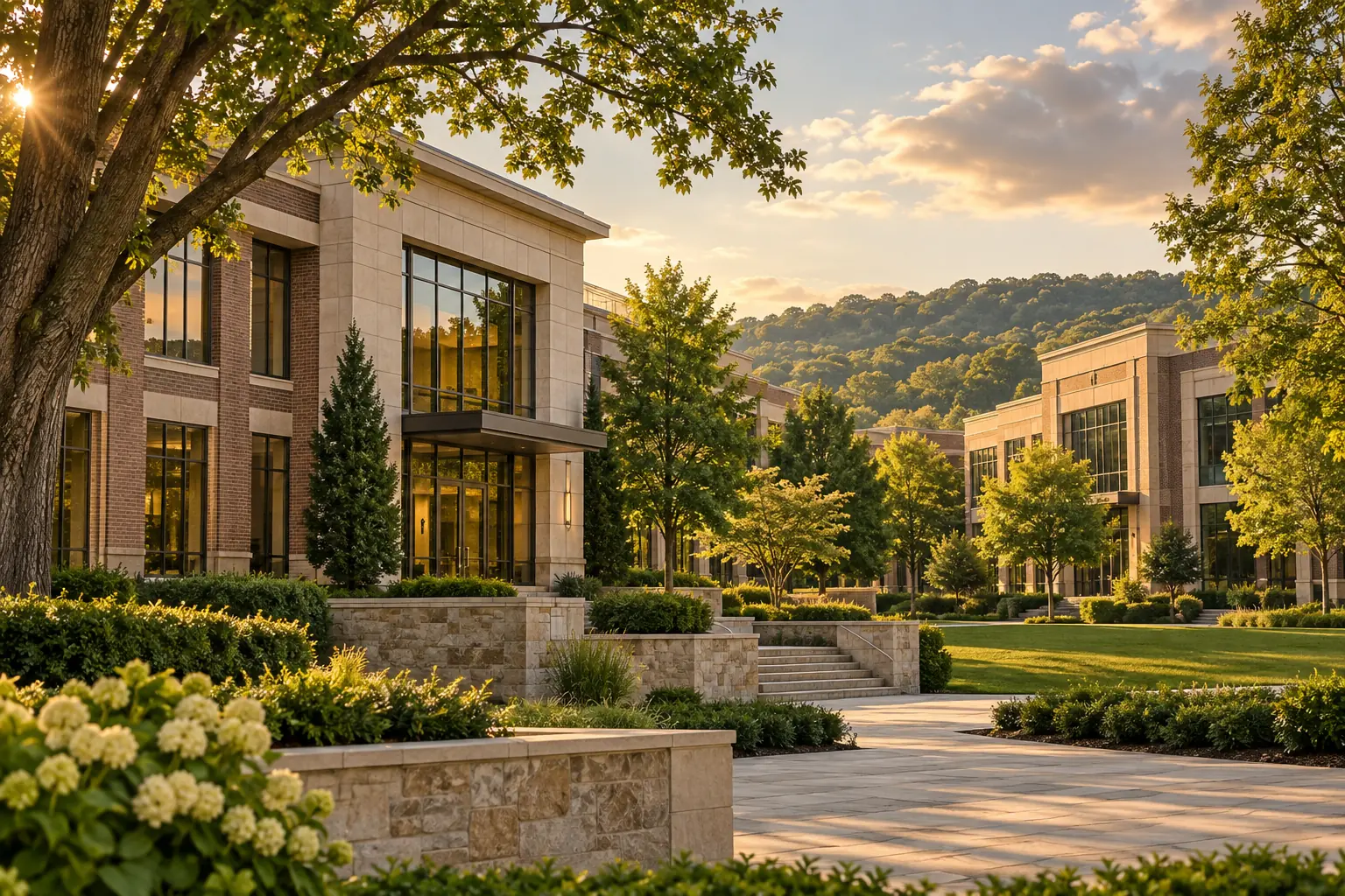 Low-rise brick and limestone office buildings among mature Tennessee trees