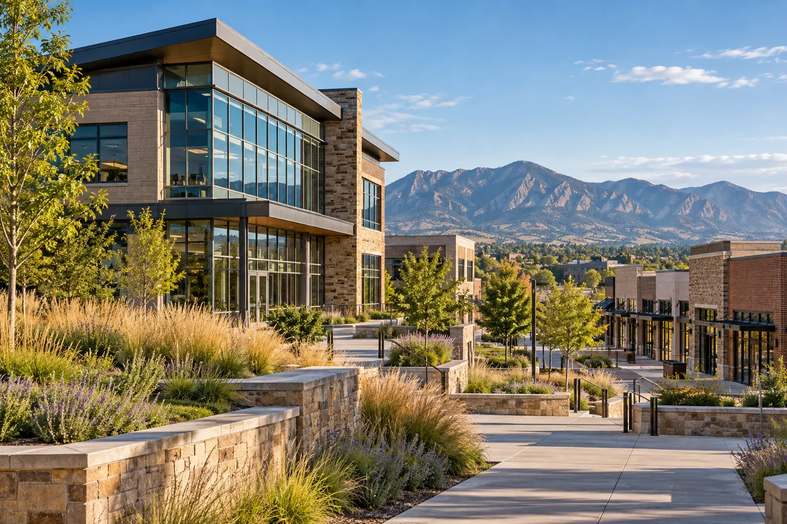 Broomfield-area professional and neighborhood commercial buildings with Front Range views