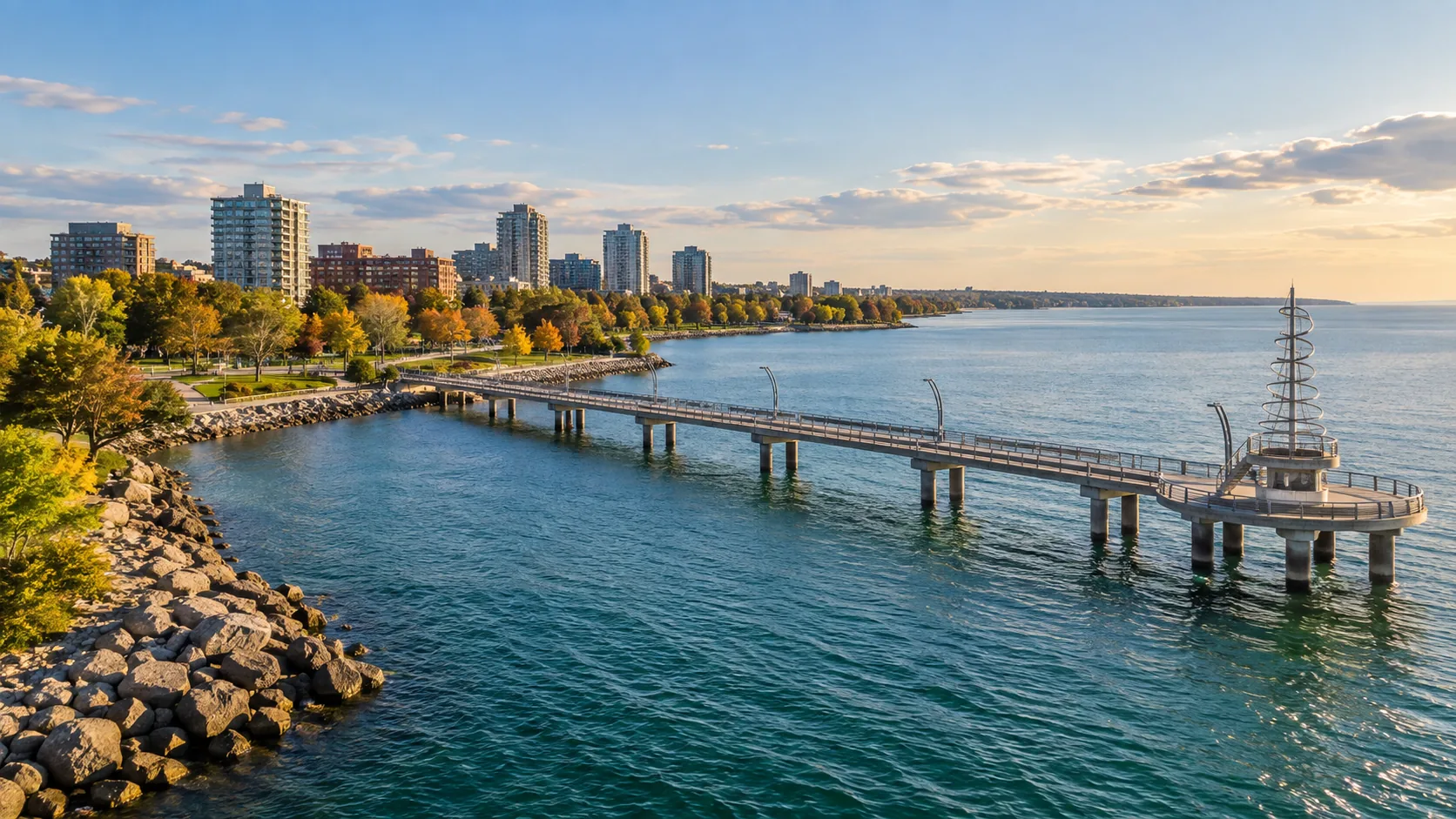 Long public pier extending into Lake Ontario beside a tree-lined Burlington waterfront promenade