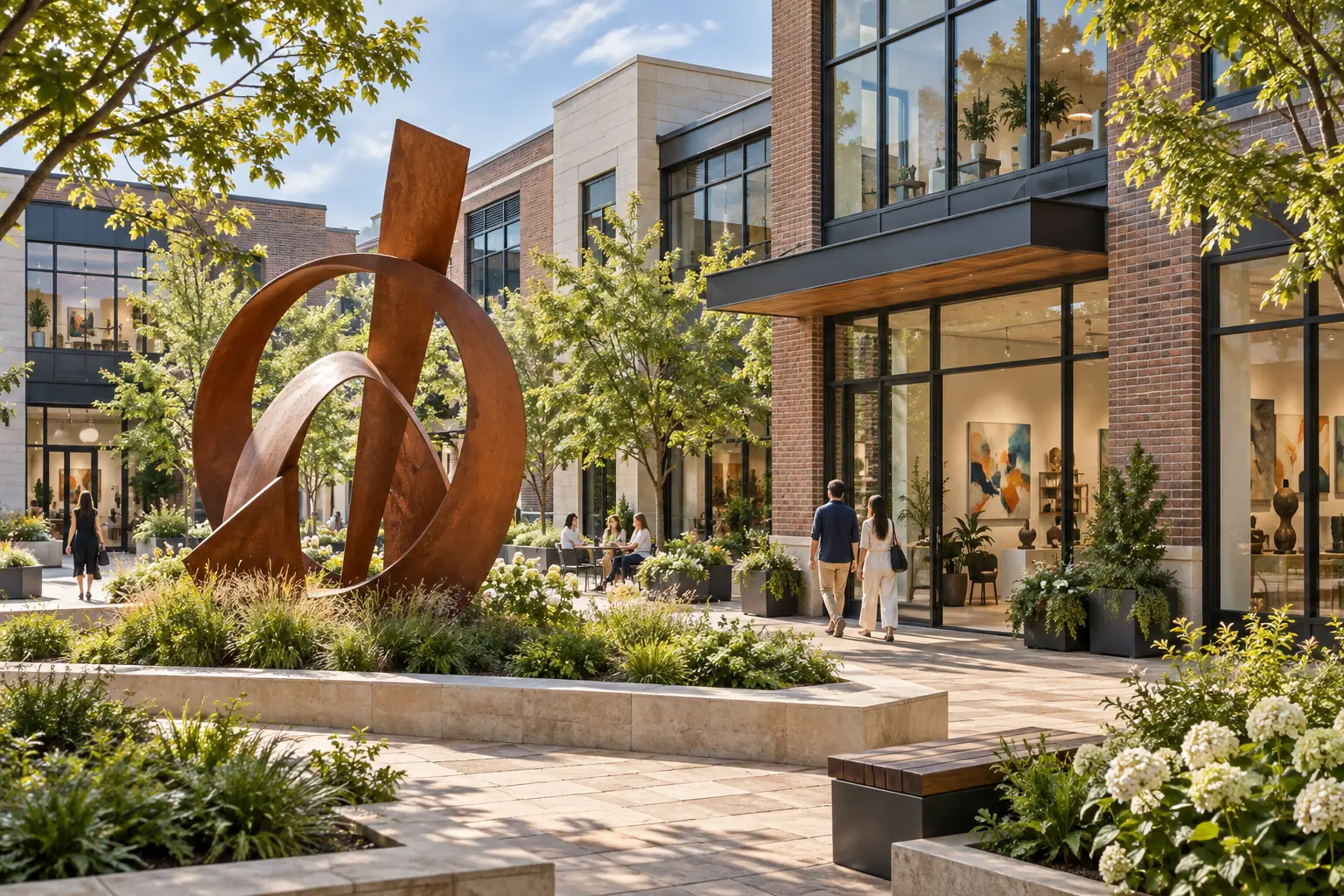 Design studios, storefronts and public art in a Carmel business district