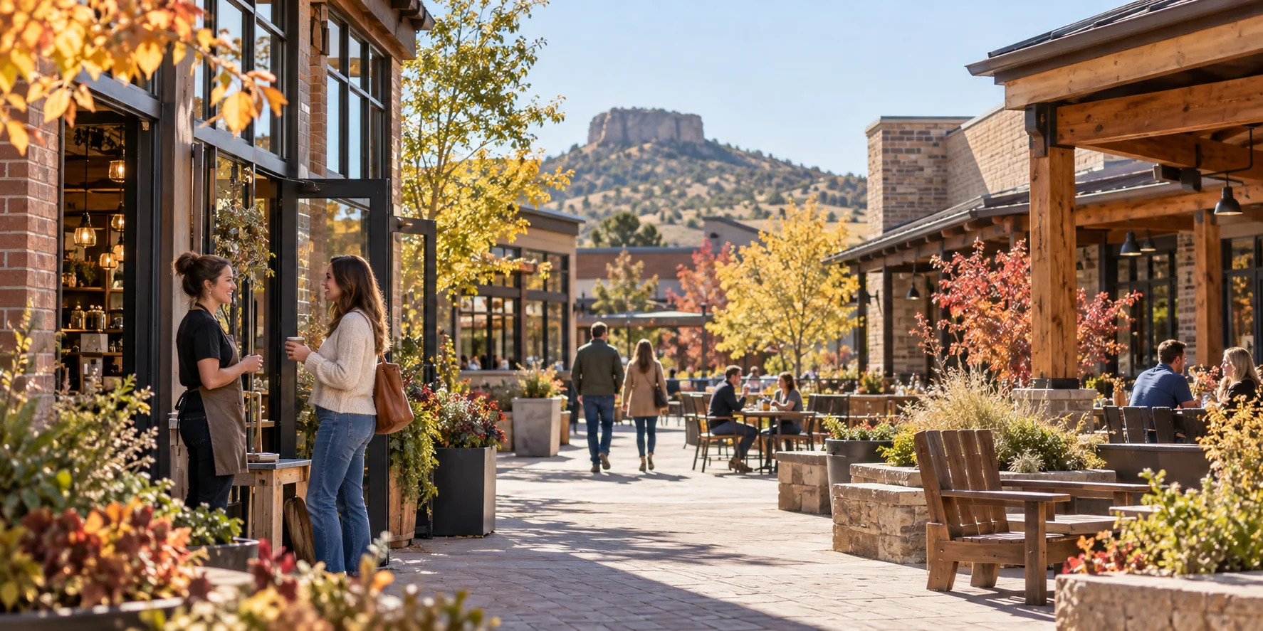 Colorado local-business courtyard with timber and brick storefronts and a distant rocky butte