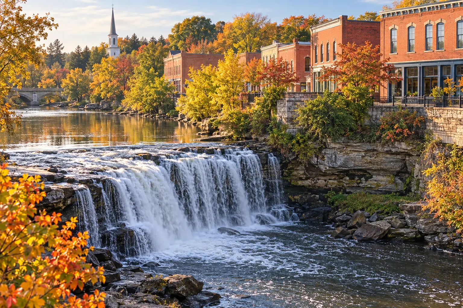 Waterfall beside Chagrin Falls downtown commercial buildings
