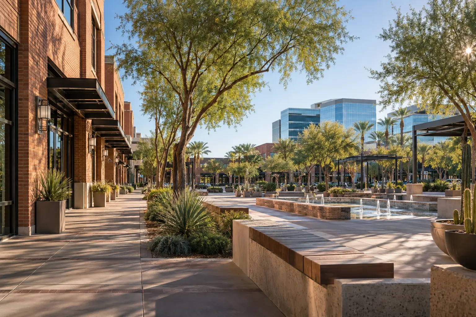 Downtown Chandler civic and business plaza with desert trees