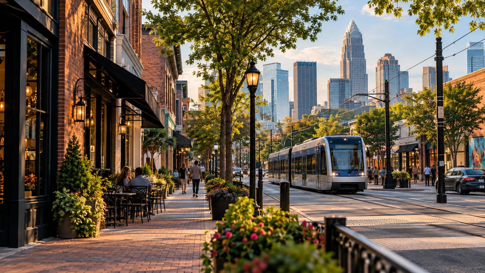 Charlotte business corridor with independent storefronts, light rail and Uptown skyline, original image by The Quiet Protocol