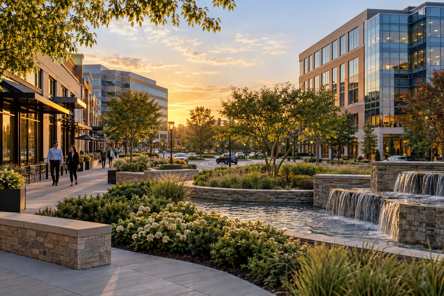 Contemporary Chesterfield business buildings, storefronts and landscaped plaza