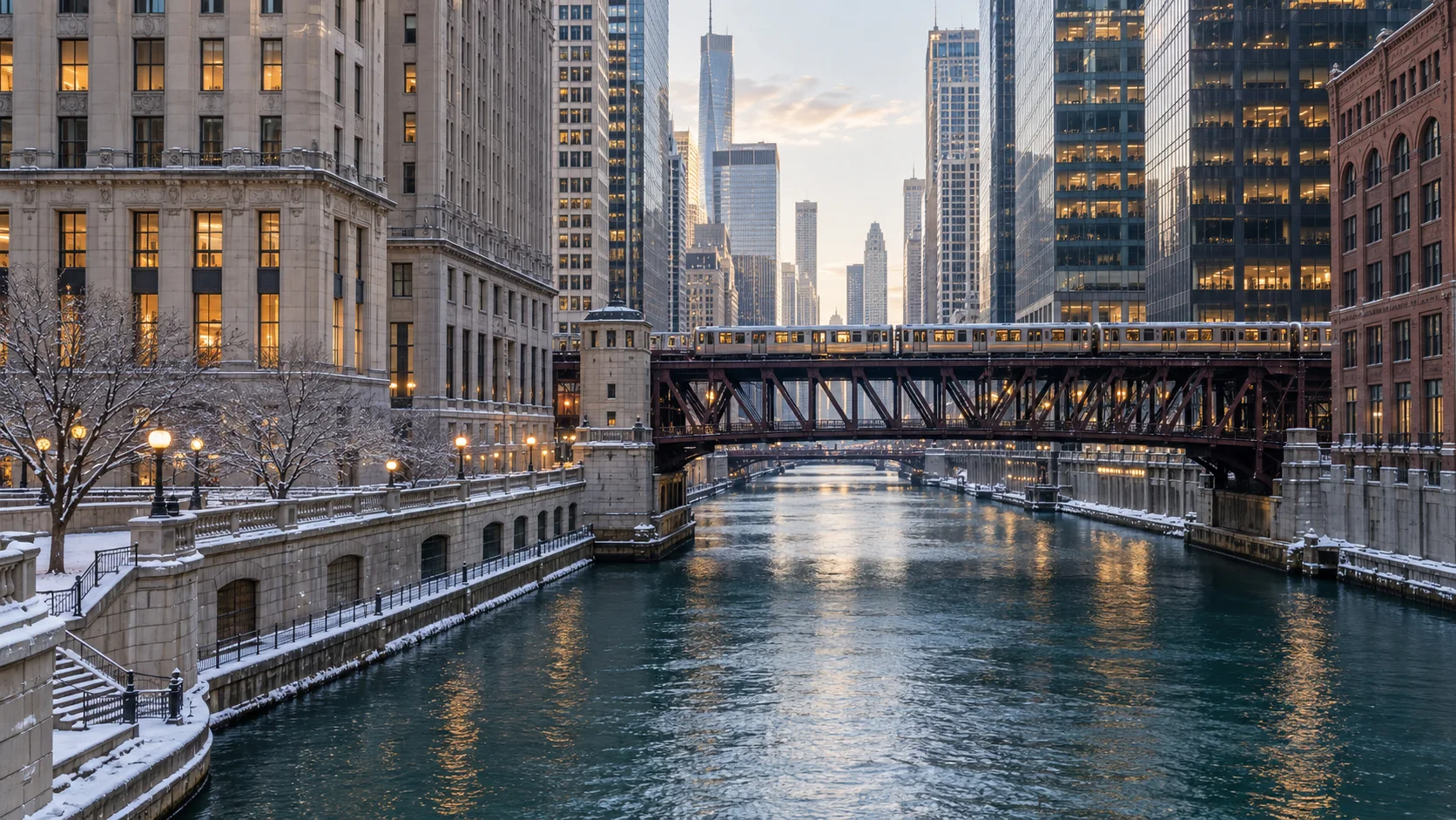 Chicago River and elevated train in early winter light, original city photograph by The Quiet Protocol