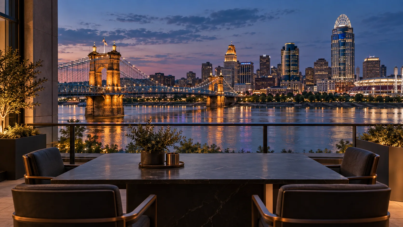 Cincinnati small-business meeting space with Ohio River and bridge view, original image by The Quiet Protocol
