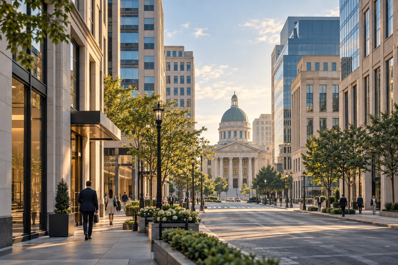 Office and civic buildings in Clayton's commercial district