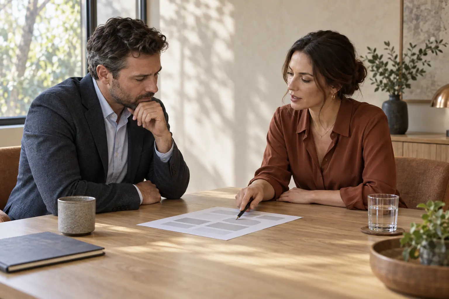 Business owner and prospective client reviewing a one page service scope