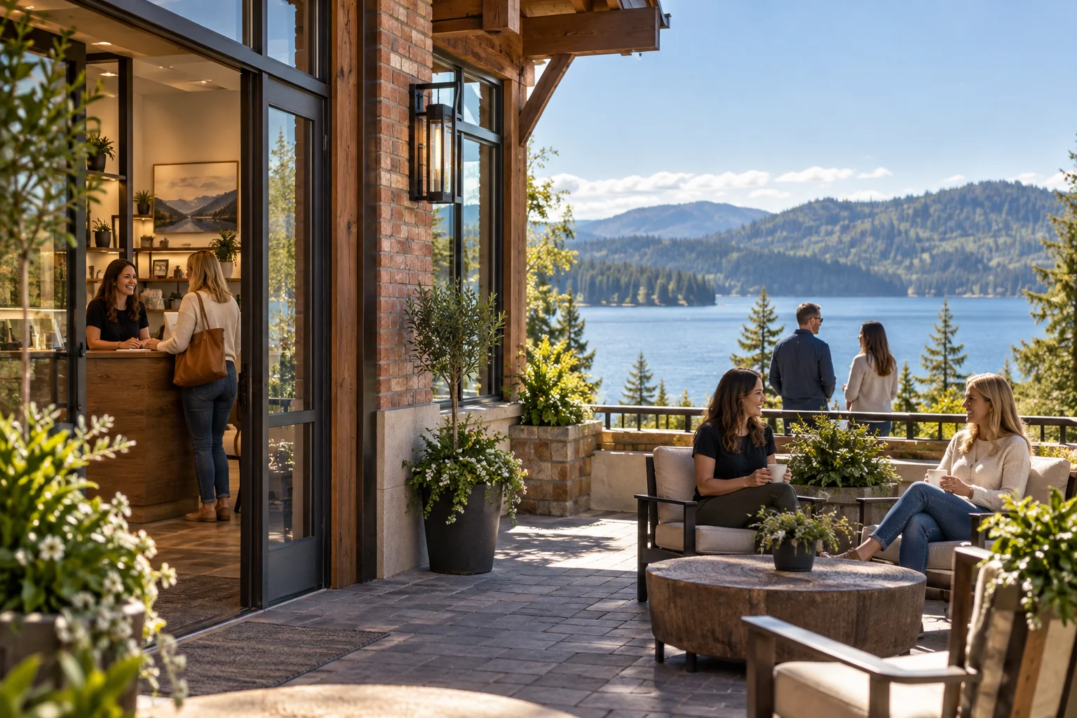 Coeur d'Alene-area lakeside business architecture with wooded hills beyond