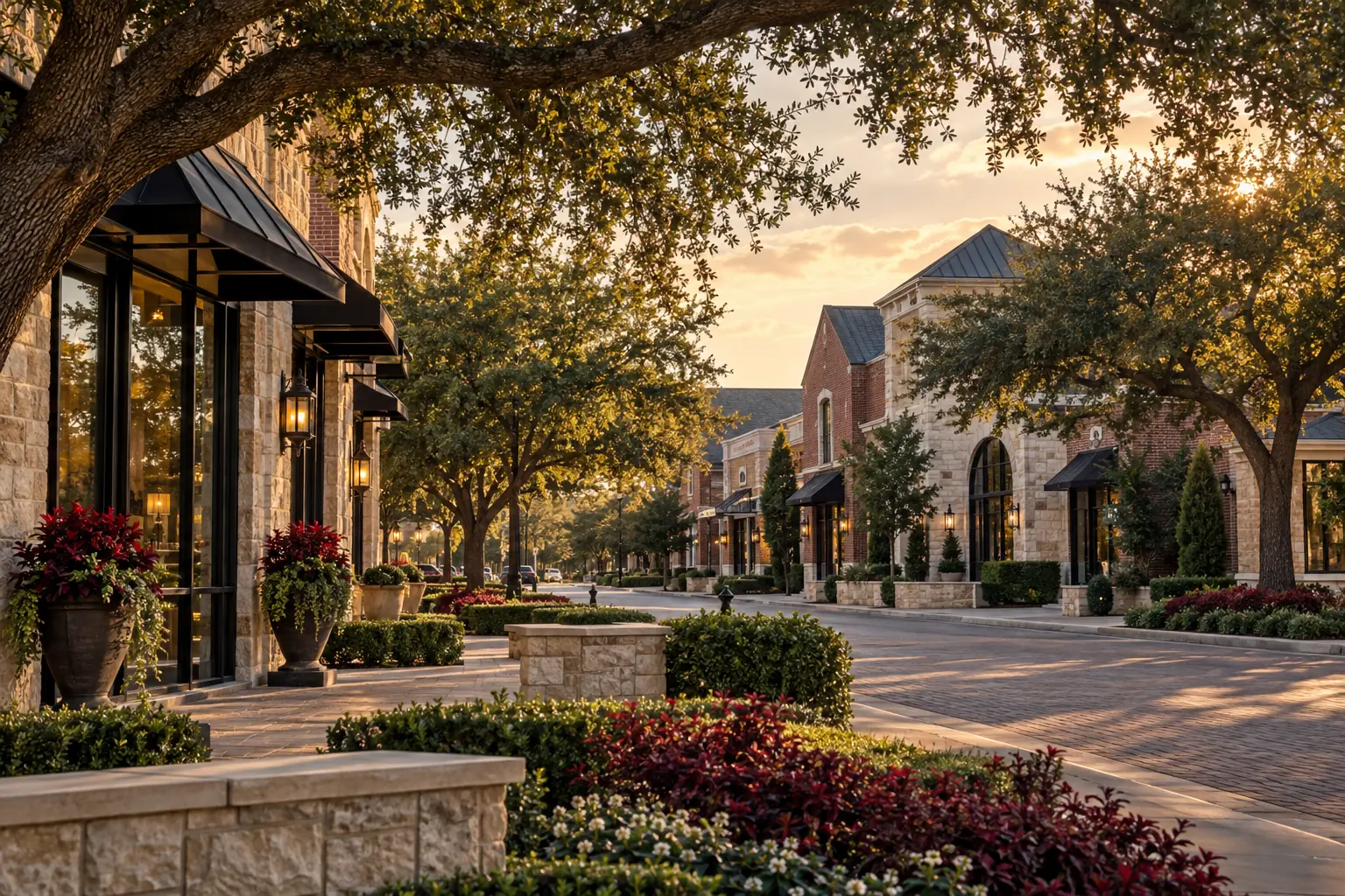Tree-lined Colleyville business village with retail and service buildings