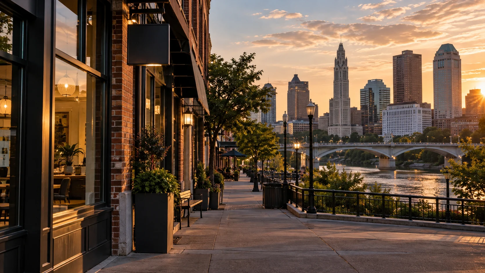 Columbus-style independent storefront beside the river and skyline, original image by The Quiet Protocol