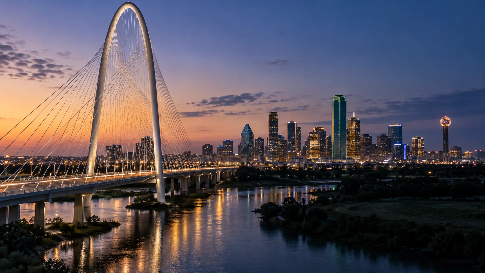 Margaret Hunt Hill Bridge and Dallas skyline at blue hour, original city photograph by The Quiet Protocol