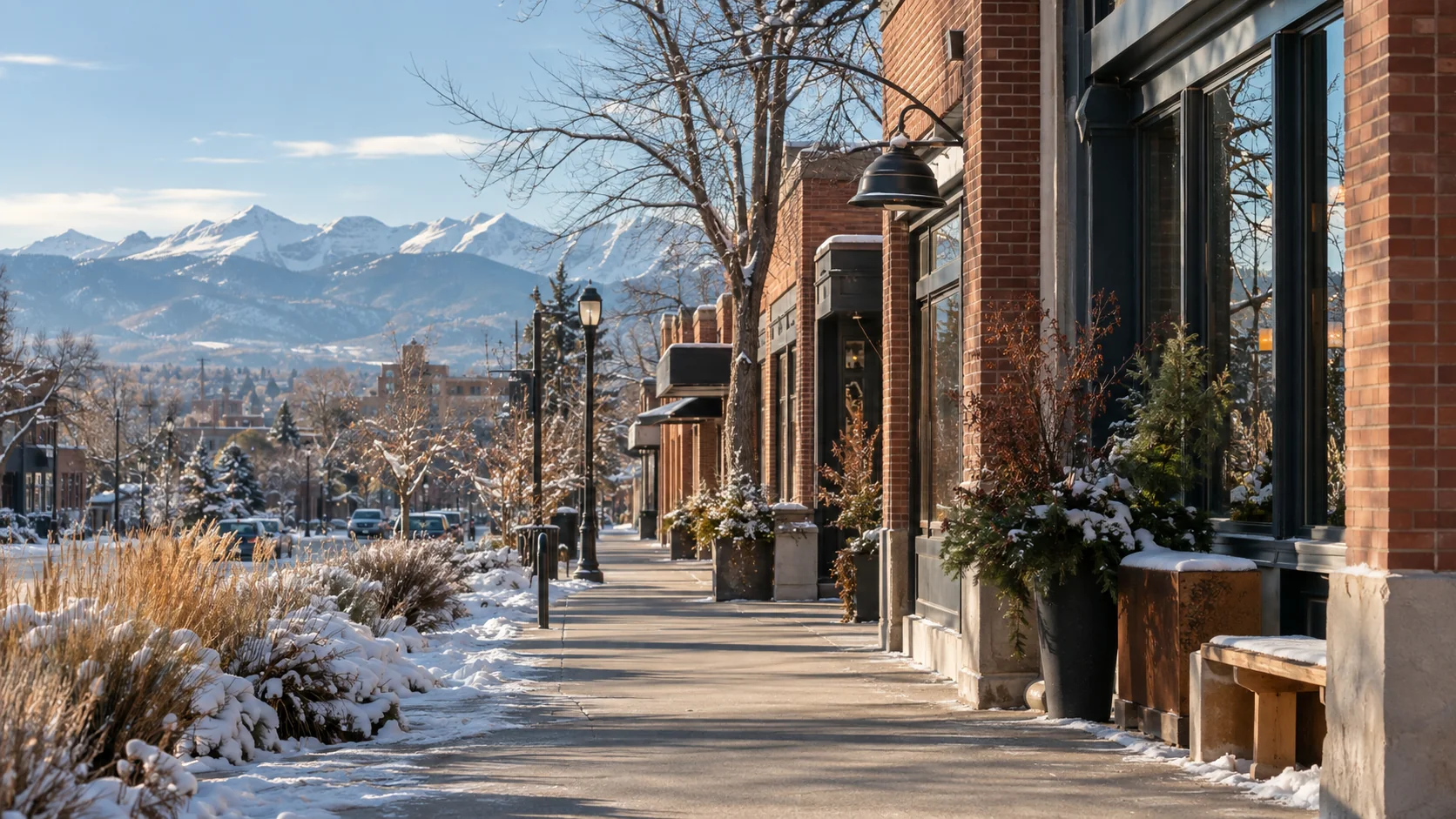 Snow-cleared Denver-area storefront sidewalk with the Front Range beyond, original image by The Quiet Protocol