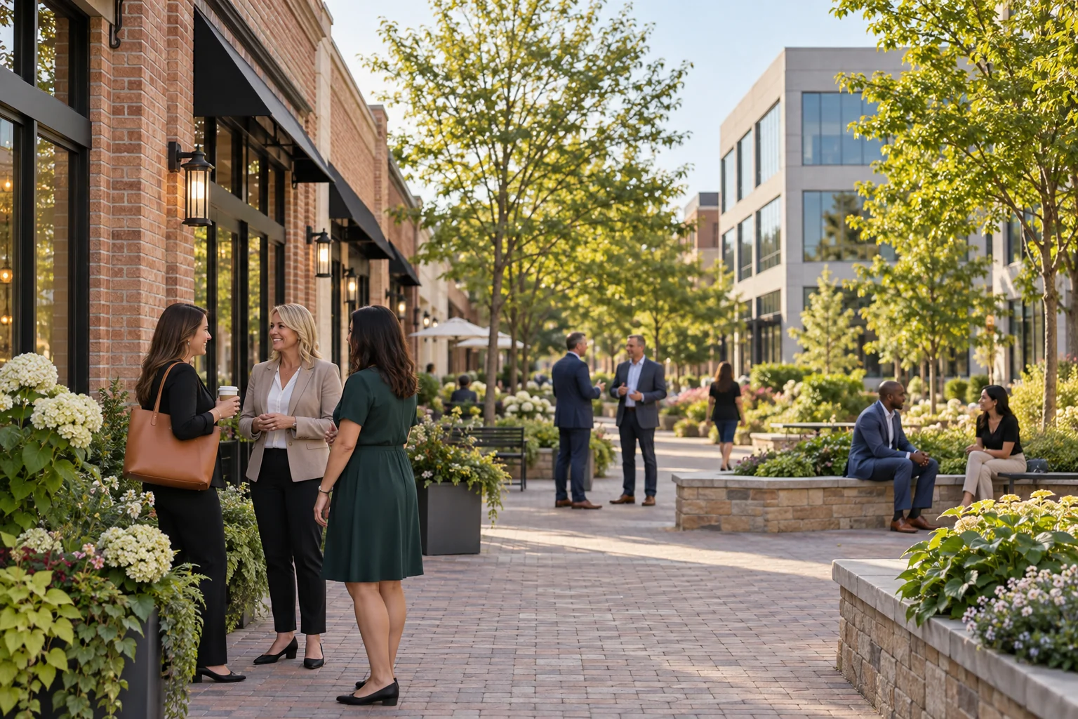 Downers Grove-area brick storefronts and professional offices around a landscaped business court